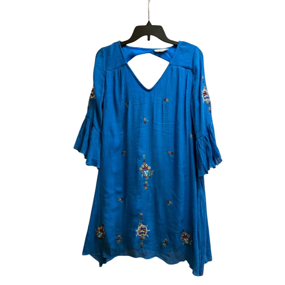 Rebellion Shift Dress Womens Medium Blue Embroidered Bell Sleeve Boho Festival